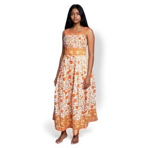 Mix Nouveau Floral Midi Dress Orange White Sleeveless Boho Casual Cottagecore M